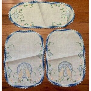 Handmade Vintage Embroidered Doily Set Blue Crochet Trim 2 Oval 8"x11" 1 Rect. 6